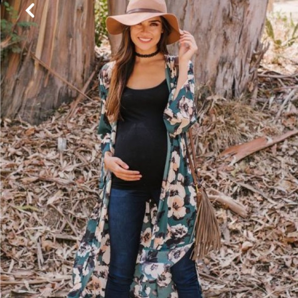 Pink Blush green floral chiffon maxi kimono